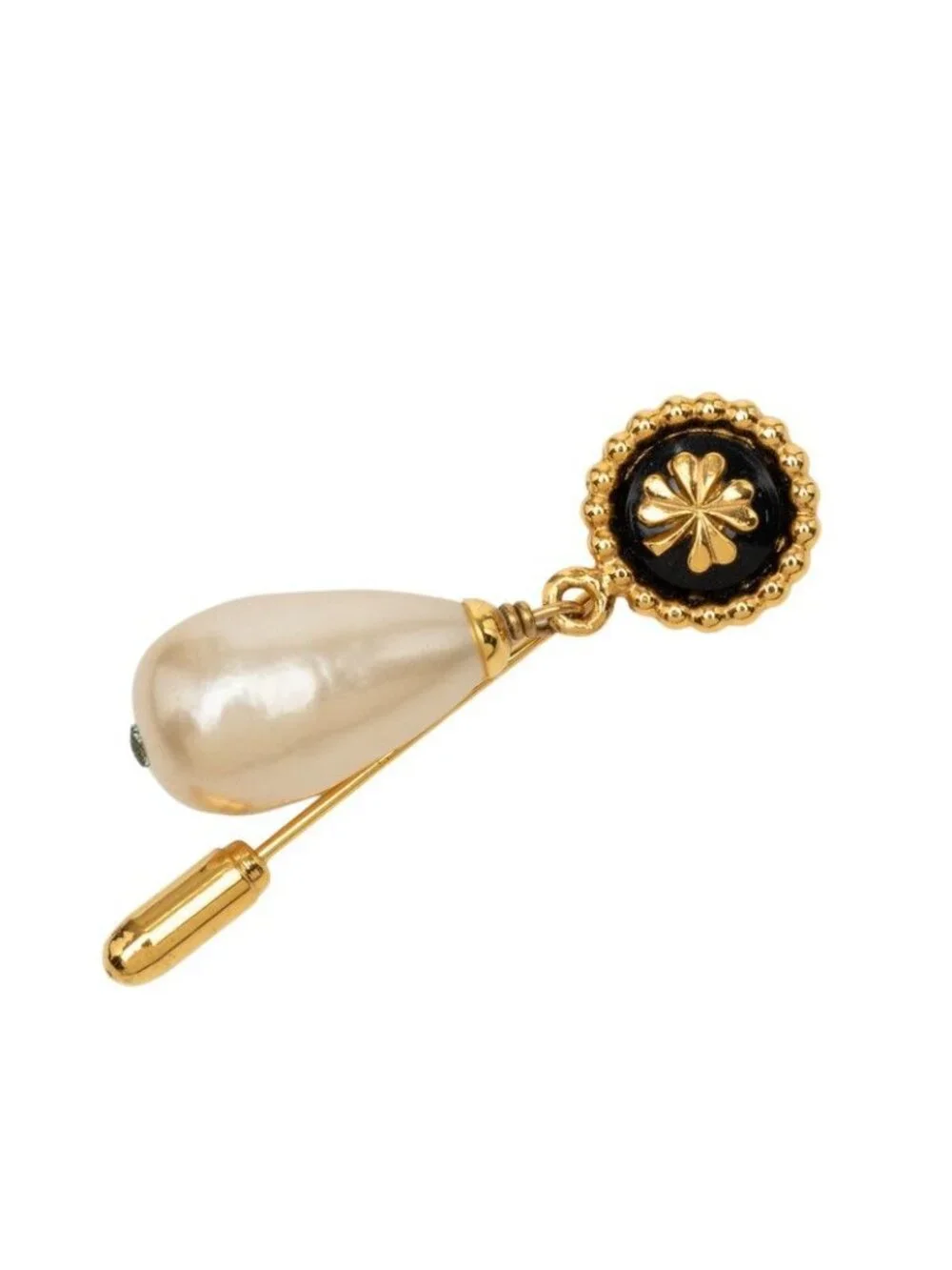 Chanel Clover Motif Pin Brooch Gold Black Plated Faux Pearl